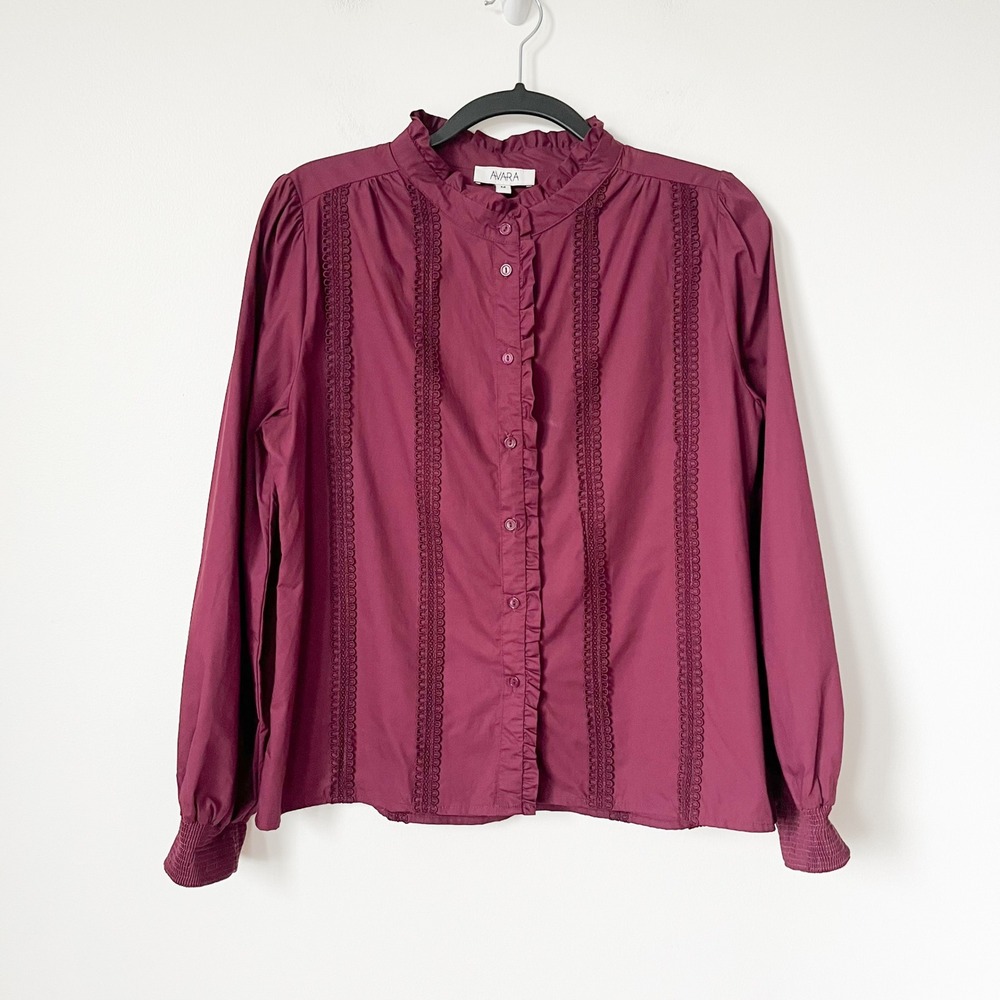 Avara Burgundy Button Front Blouse Top Ruffle Collar Smocked Cuff Womens Medium